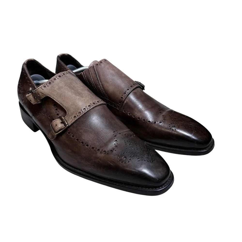 Calzoleria Toscana Monk Strap Shoes Mens 45 Brown Leather Wingtip Brogue Italy